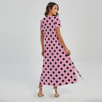 Pink And Black Polka Dot Pattern Print Short Sleeve Maxi Dress