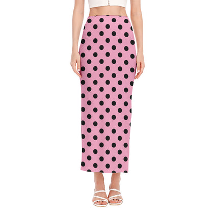 Pink And Black Polka Dot Pattern Print Side Slit Maxi Skirt