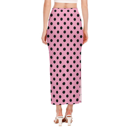 Pink And Black Polka Dot Pattern Print Side Slit Maxi Skirt