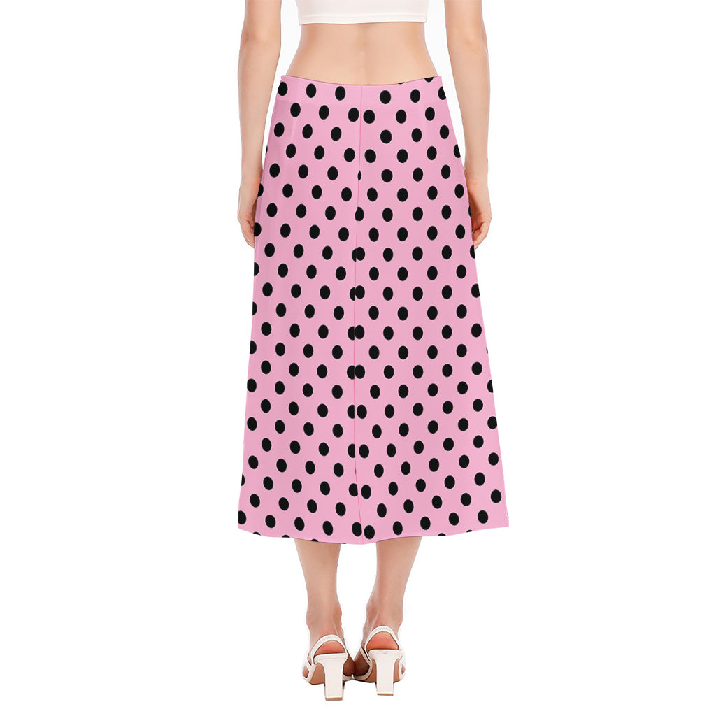 Pink And Black Polka Dot Pattern Print Side Slit Midi Skirt