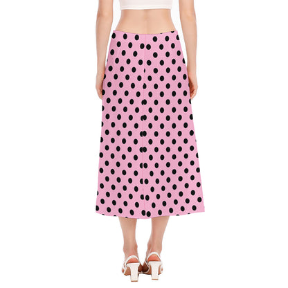 Pink And Black Polka Dot Pattern Print Side Slit Midi Skirt