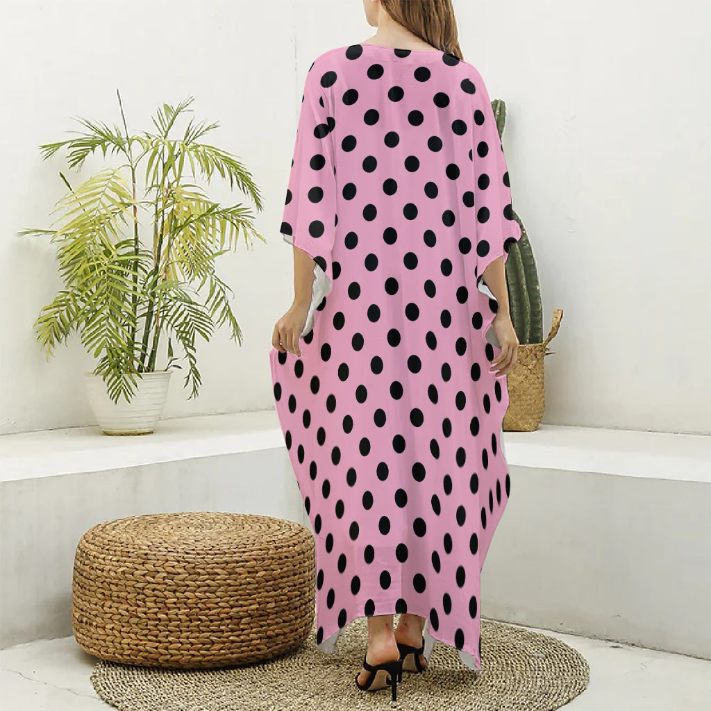 Pink And Black Polka Dot Pattern Print Silk V-Neck Kaftan Dress