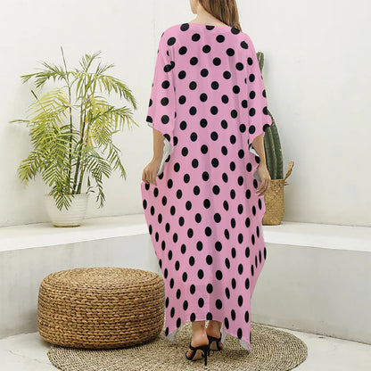 Pink And Black Polka Dot Pattern Print Silk V-Neck Kaftan Dress