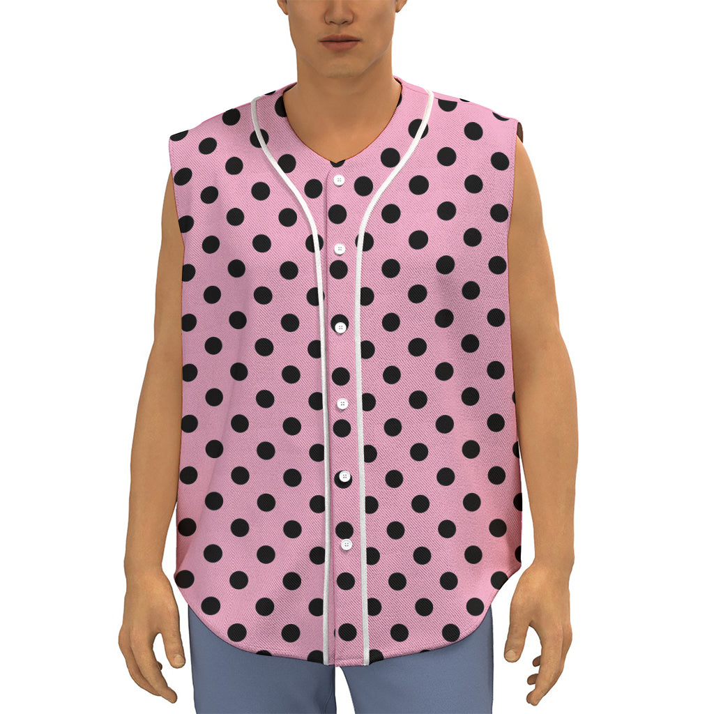 Pink And Black Polka Dot Pattern Print Sleeveless Baseball Jersey