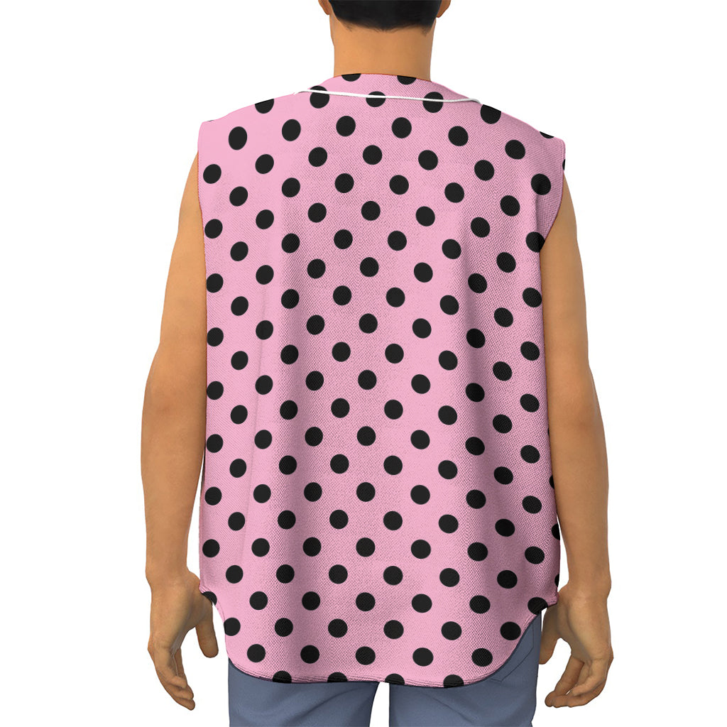 Pink And Black Polka Dot Pattern Print Sleeveless Baseball Jersey