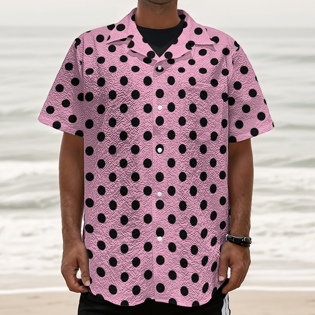 Pink And Black Polka Dot Pattern Print Textured Short Sleeve Shirt