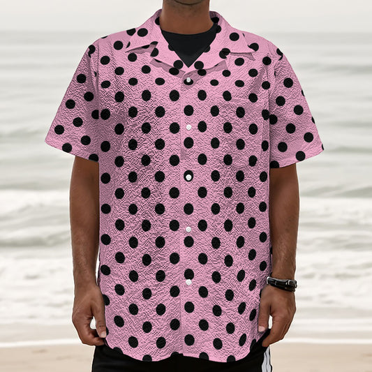 Pink And Black Polka Dot Pattern Print Textured Short Sleeve Shirt