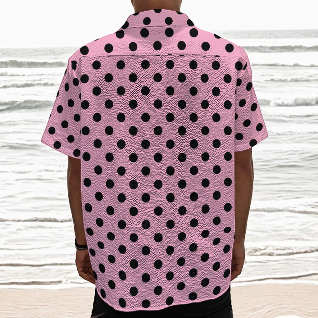Pink And Black Polka Dot Pattern Print Textured Short Sleeve Shirt