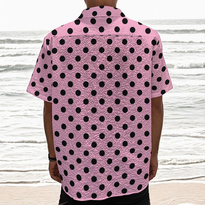 Pink And Black Polka Dot Pattern Print Textured Short Sleeve Shirt