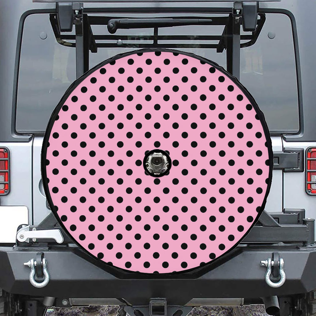 Pink And Black Polka Dot Pattern Print Tire Cover With Camera Hole