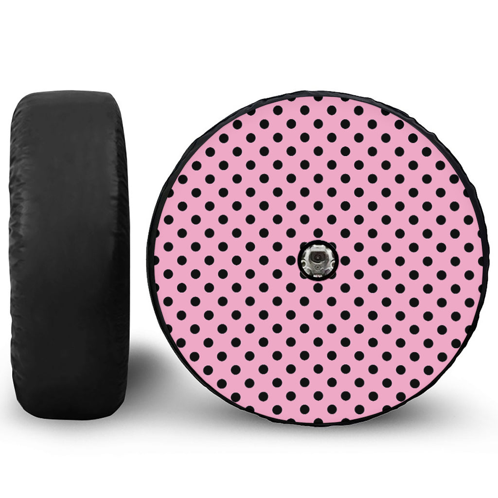 Pink And Black Polka Dot Pattern Print Tire Cover With Camera Hole