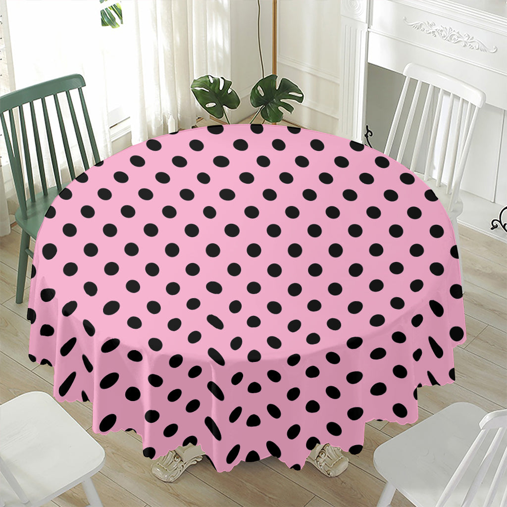 Pink And Black Polka Dot Pattern Print Waterproof Round Tablecloth