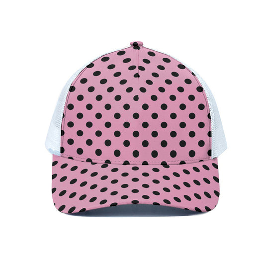 Pink And Black Polka Dot Pattern Print White Mesh Trucker Cap