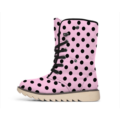 Pink And Black Polka Dot Pattern Print Winter Boots