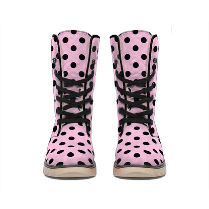 Pink And Black Polka Dot Pattern Print Winter Boots