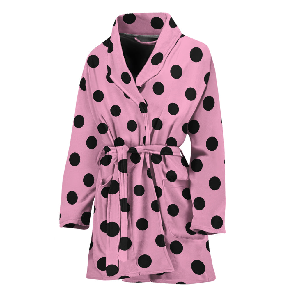 Pink And Black Polka Dot Pattern Print Women's Bathrobe