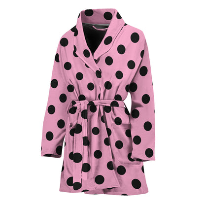Pink And Black Polka Dot Pattern Print Women's Bathrobe