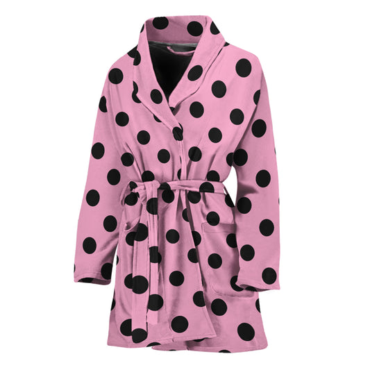 Pink And Black Polka Dot Pattern Print Women's Bathrobe