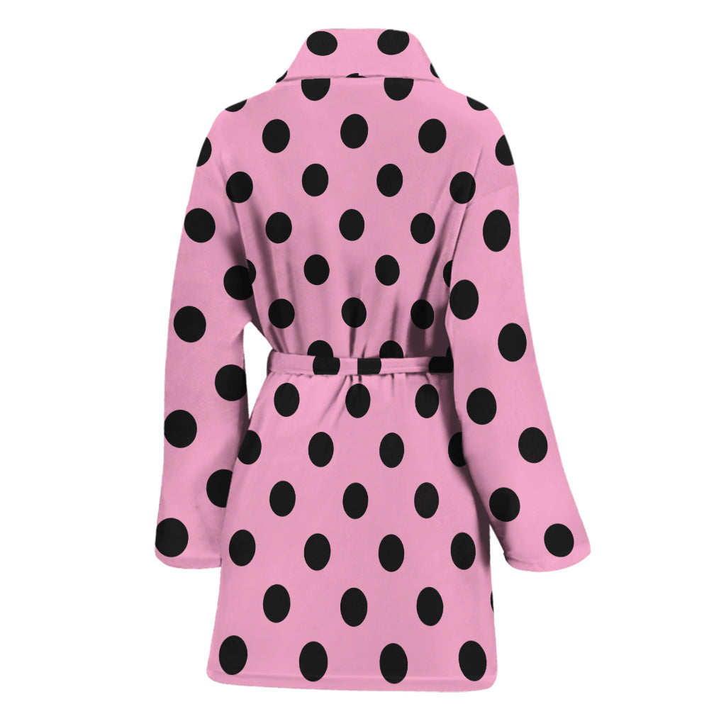 Pink And Black Polka Dot Pattern Print Women's Bathrobe