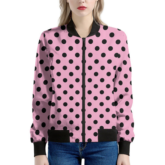 Pink And Black Polka Dot Pattern Print Women's Bomber Jacket