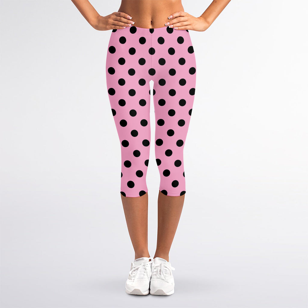Pink And Black Polka Dot Pattern Print Women's Capri Leggings