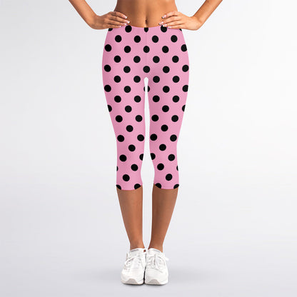 Pink And Black Polka Dot Pattern Print Women's Capri Leggings