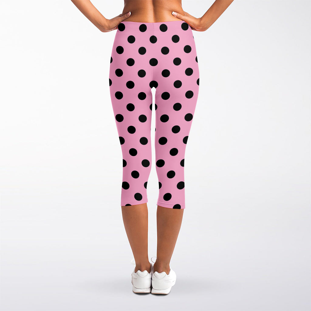 Pink And Black Polka Dot Pattern Print Women's Capri Leggings
