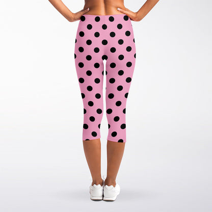 Pink And Black Polka Dot Pattern Print Women's Capri Leggings