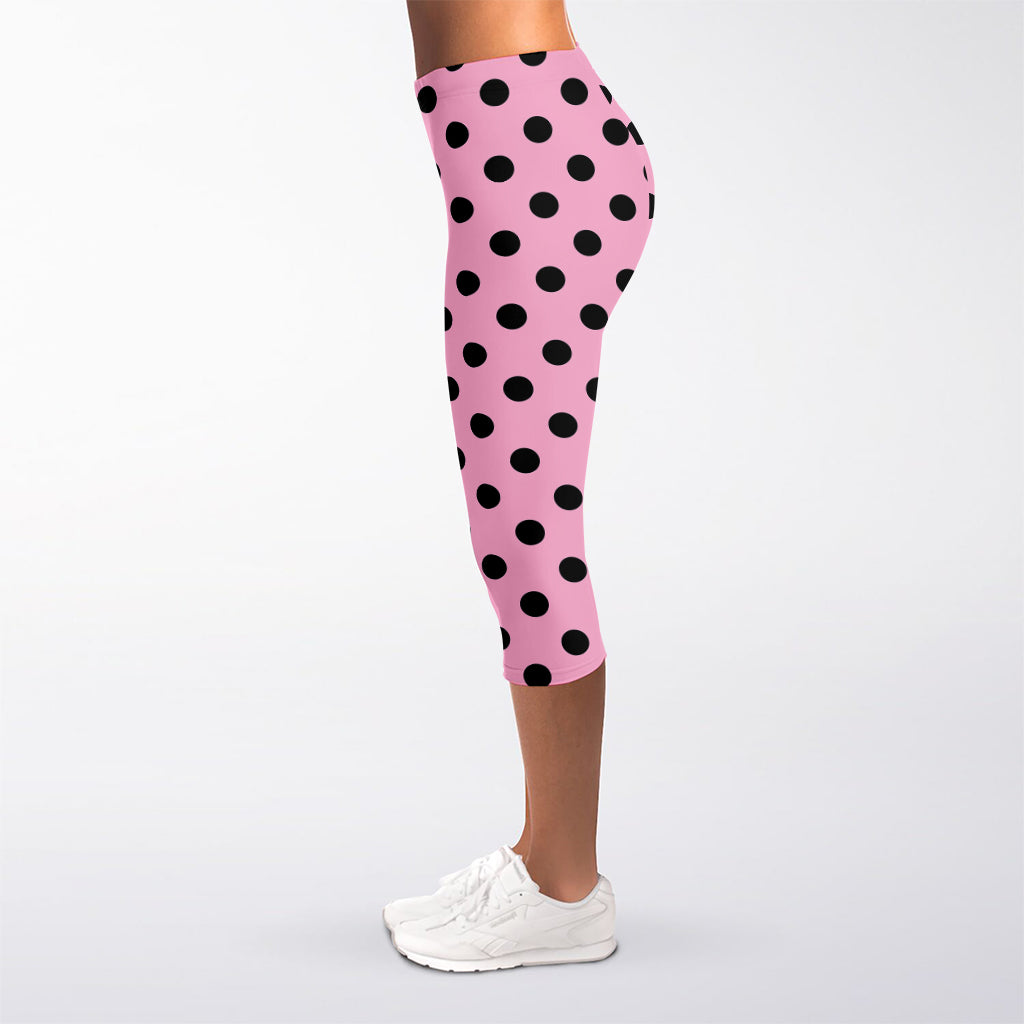 Pink And Black Polka Dot Pattern Print Women's Capri Leggings