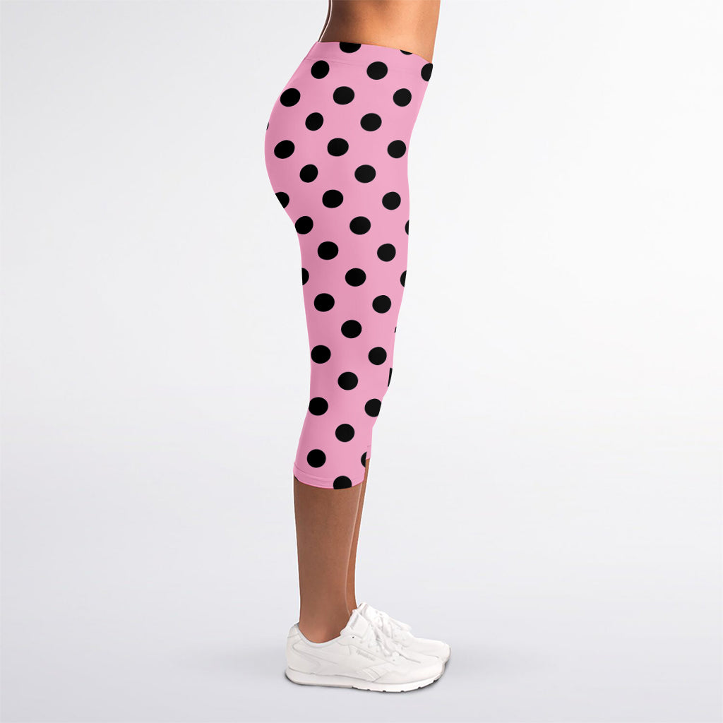Pink And Black Polka Dot Pattern Print Women's Capri Leggings