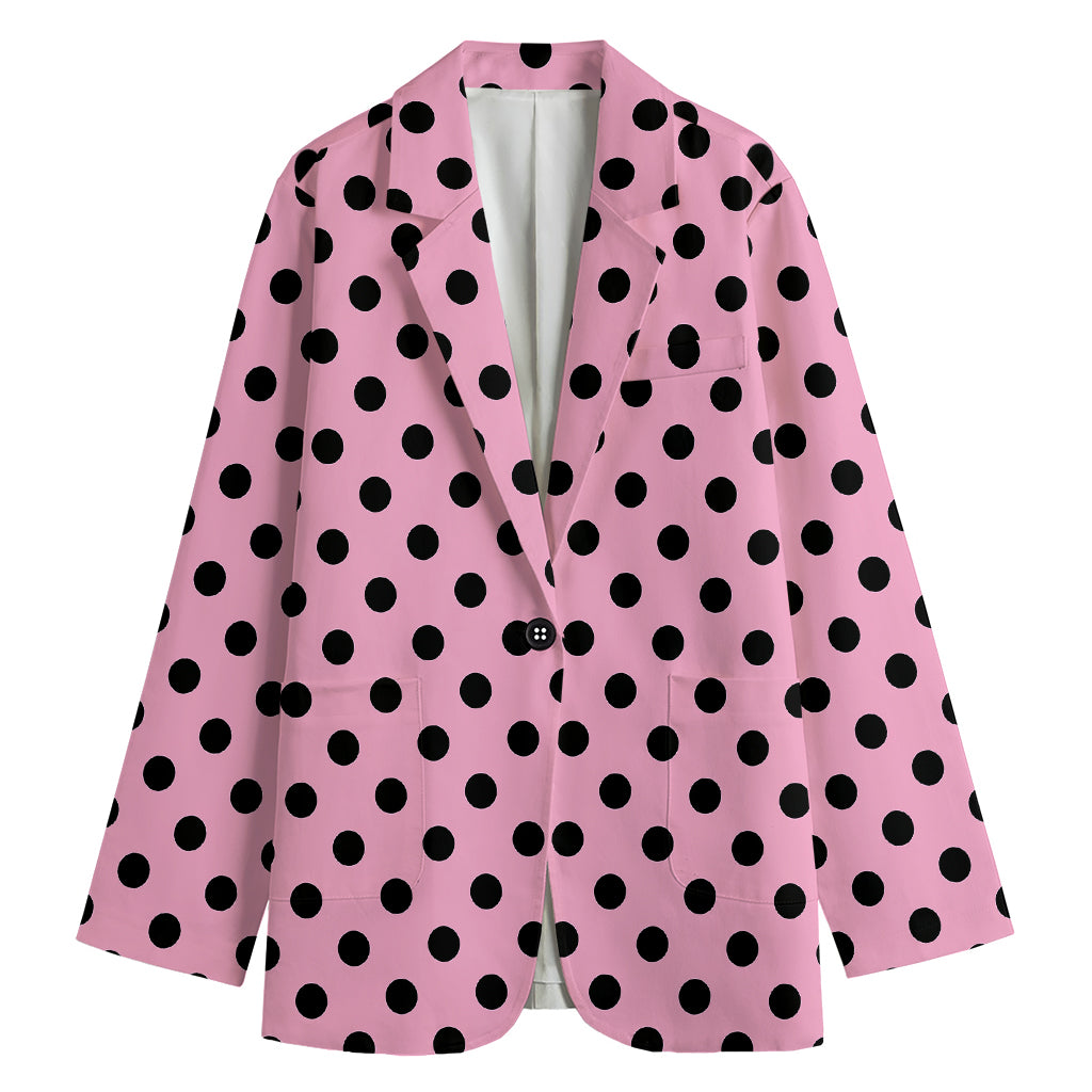Pink And Black Polka Dot Pattern Print Women's Cotton Blazer