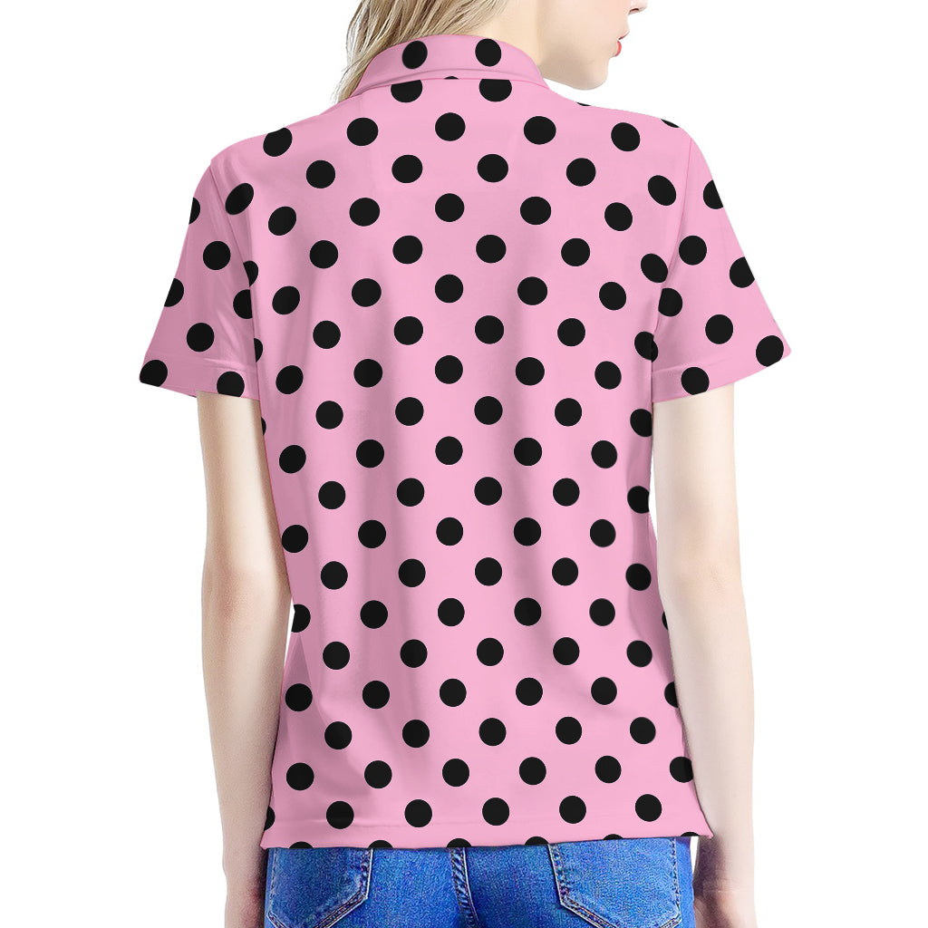 Pink And Black Polka Dot Pattern Print Women's Polo Shirt