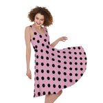 Pink And Black Polka Dot Pattern Print Women's Sleeveless Dress