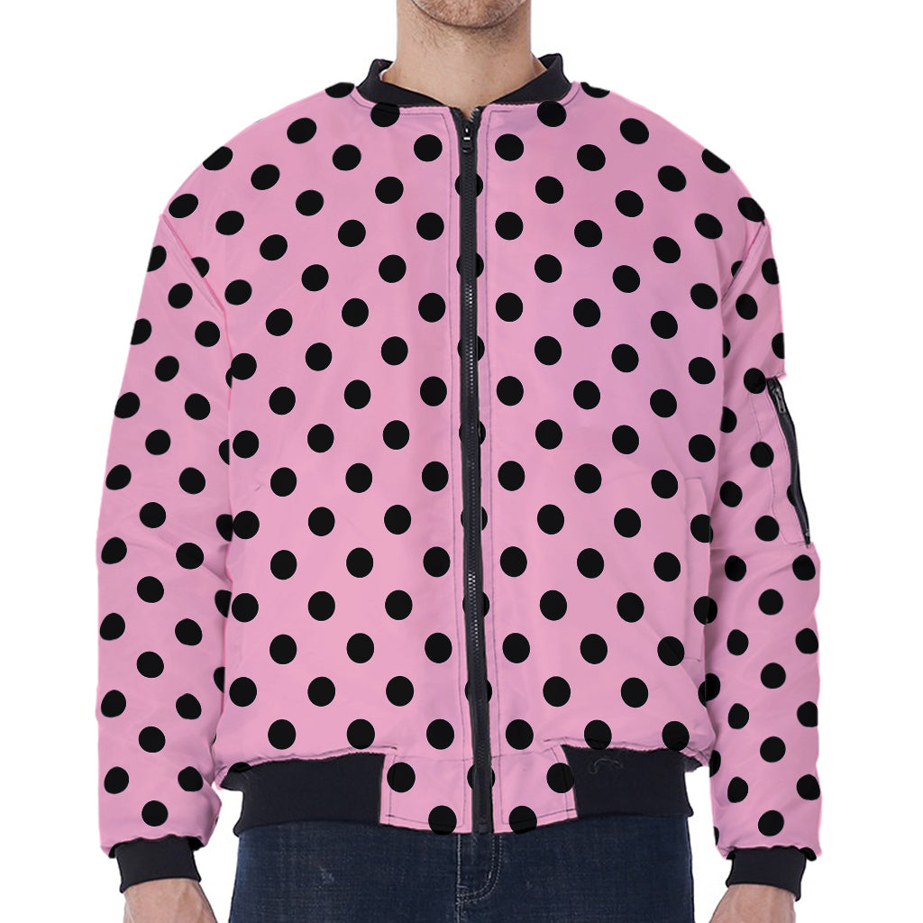 Pink And Black Polka Dot Pattern Print Zip Sleeve Bomber Jacket