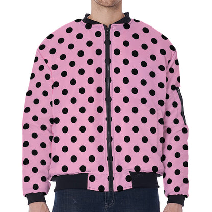 Pink And Black Polka Dot Pattern Print Zip Sleeve Bomber Jacket