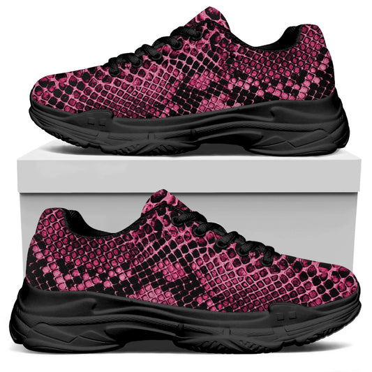 Pink And Black Snakeskin Print Black Chunky Shoes