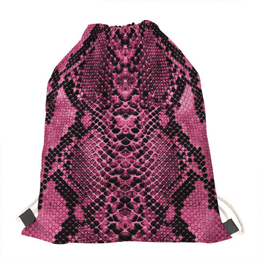 Pink And Black Snakeskin Print Drawstring Bag