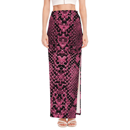 Pink And Black Snakeskin Print High Slit Maxi Skirt