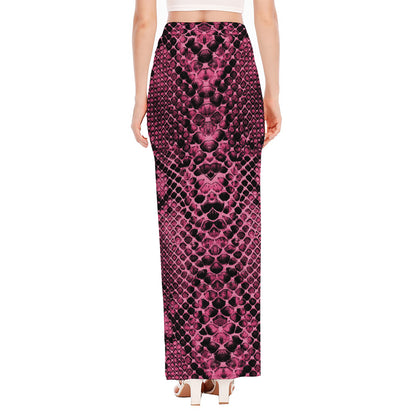 Pink And Black Snakeskin Print High Slit Maxi Skirt