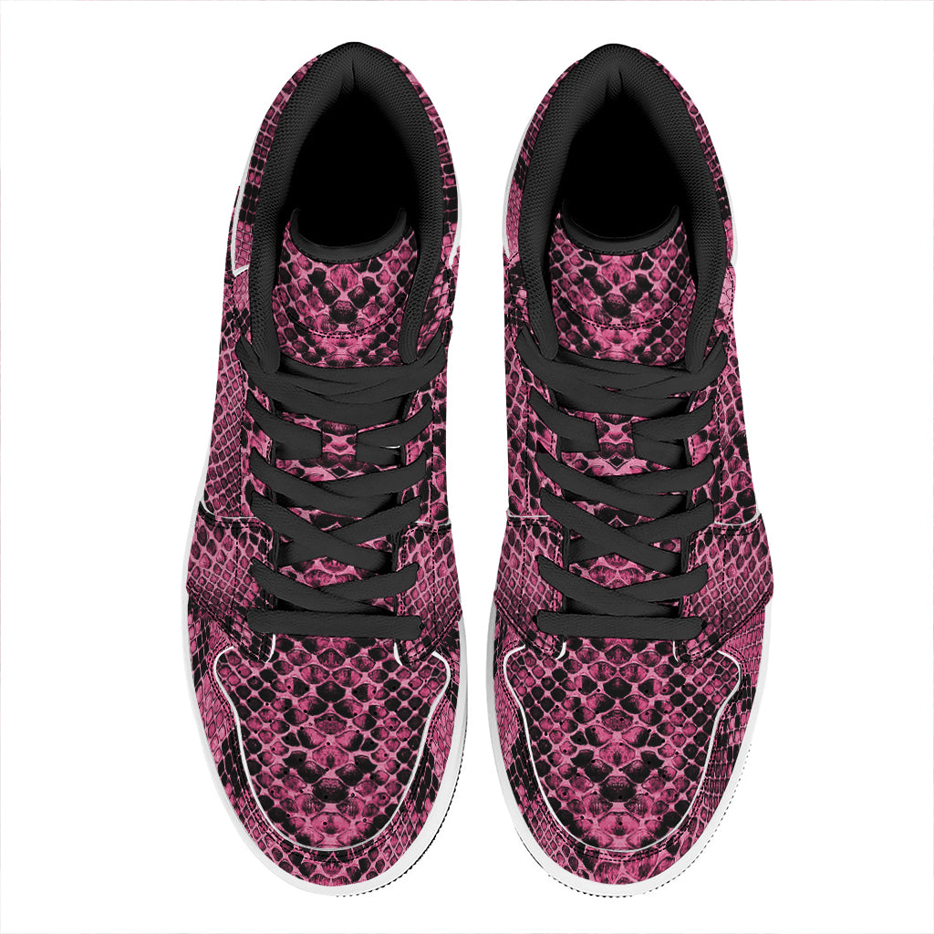 Pink And Black Snakeskin Print High Top Leather Sneakers