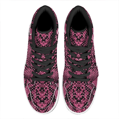 Pink And Black Snakeskin Print High Top Leather Sneakers