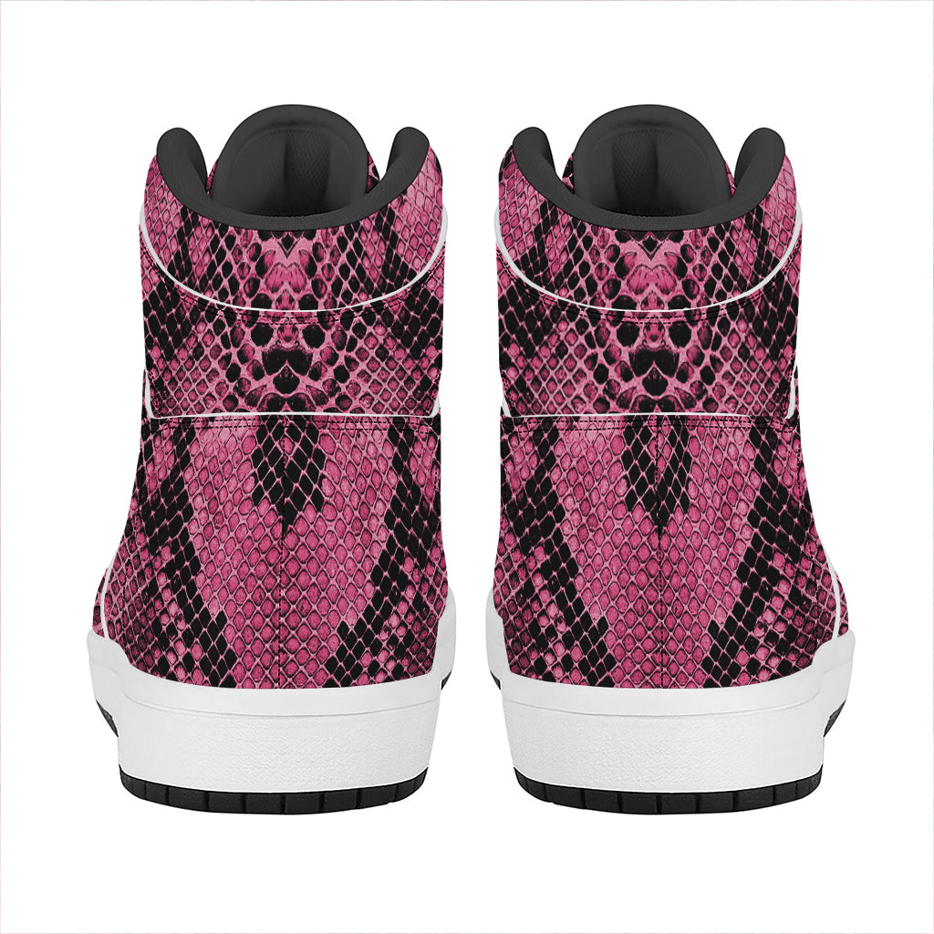 Pink And Black Snakeskin Print High Top Leather Sneakers