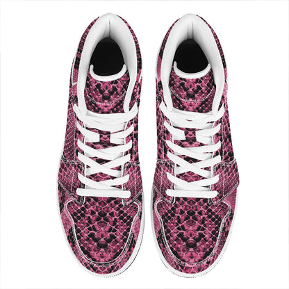 Pink And Black Snakeskin Print High Top Leather Sneakers