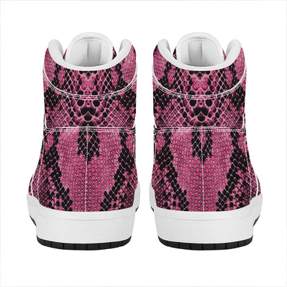 Pink And Black Snakeskin Print High Top Leather Sneakers