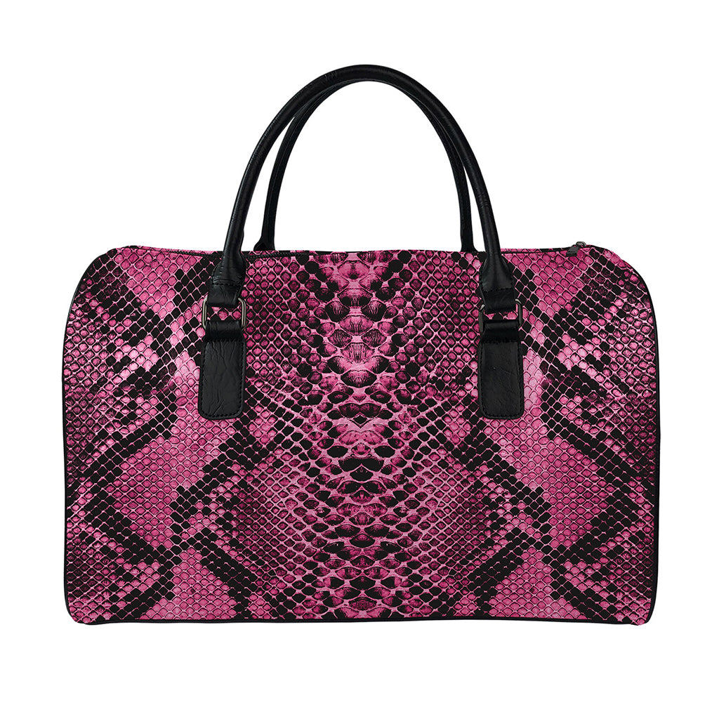 Pink And Black Snakeskin Print Leather Duffle Bag