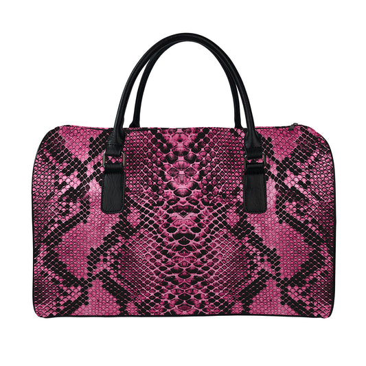 Pink And Black Snakeskin Print Leather Duffle Bag