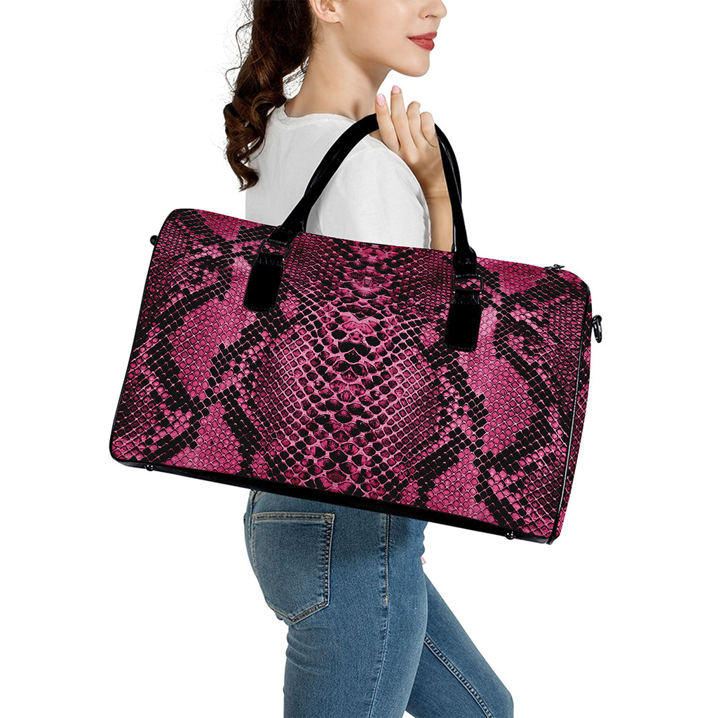 Pink And Black Snakeskin Print Leather Duffle Bag