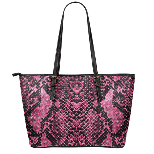Pink And Black Snakeskin Print Leather Tote Bag