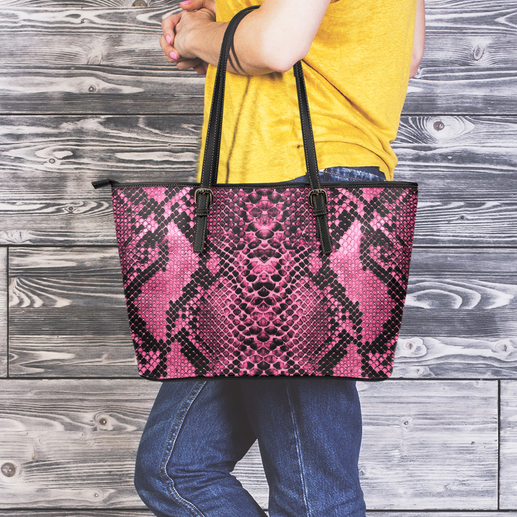 Pink And Black Snakeskin Print Leather Tote Bag