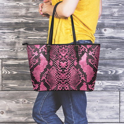 Pink And Black Snakeskin Print Leather Tote Bag